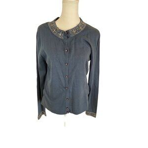 Beaded Collar Cotton Blue Long Sleeve Cardigan Sz S